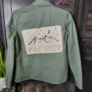 Sage Green Jean Jacket with Mountain 'Get Lost' Patch